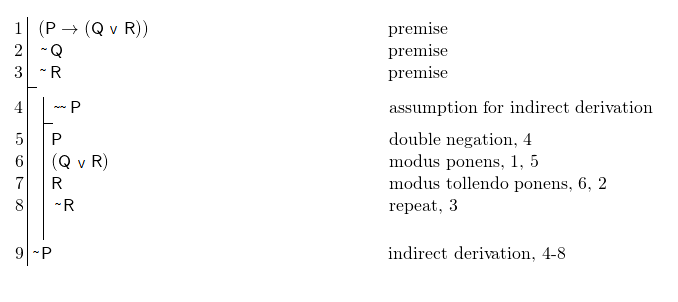 \[ \fitchprf{\pline[1.]{(P \lif (Q \lor R))} [premise]\\ \pline[2.]{\lnot Q} [premise]\\ \pline[3.]{\lnot R} [premise] } { \subproof{\pline[4.]{\lnot \lnot P}[assumption for indirect derivation]}{ \pline[5.]{P}[double negation, 4]\\ \pline[6.]{(Q \lor R)}[modus ponens, 1, 5]\\ \pline[7.]{R}[modus tollendo ponens, 6, 2]\\ \pline[8.]{\lnot R}[repeat, 3]\\ } \pline[9.]{\lnot P}[indirect derivation, 4-8] } \]