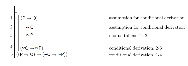 \[ \fitchprf{} { \subproof{\pline[1.]{(P \lif Q)}[assumption for conditional derivation]}{ \subproof{\pline[2.]{\lnot Q} [assumption for conditional derivation]}{ \pline[3.]{\lnot P}[modus tollens, 1, 2]\\ } \pline[4.]{(\lnot Q \lif \lnot P)}[conditional derivation, 2-3] } \pline[5.]{((P \lif Q) \lif (\lnot Q \lif \lnot P))}[conditional derivation, 1-4] } \]
